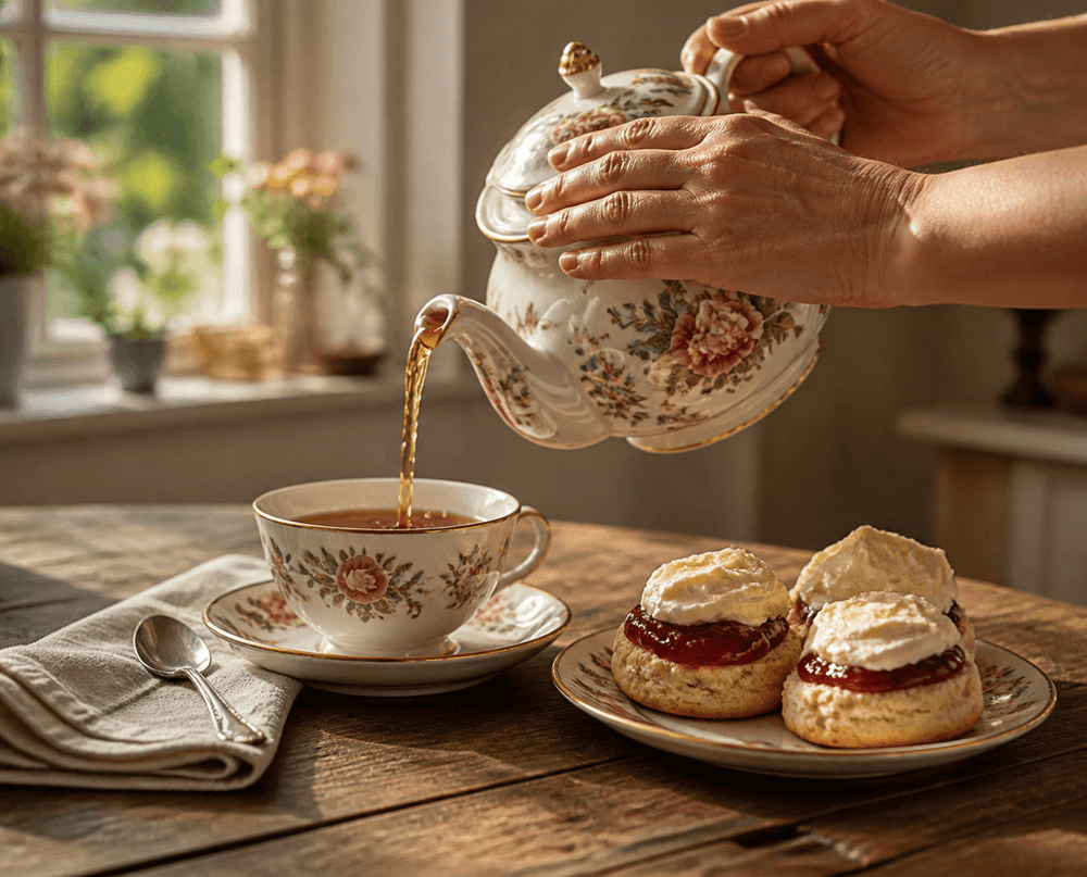 English Tea — pouring a cup of tea